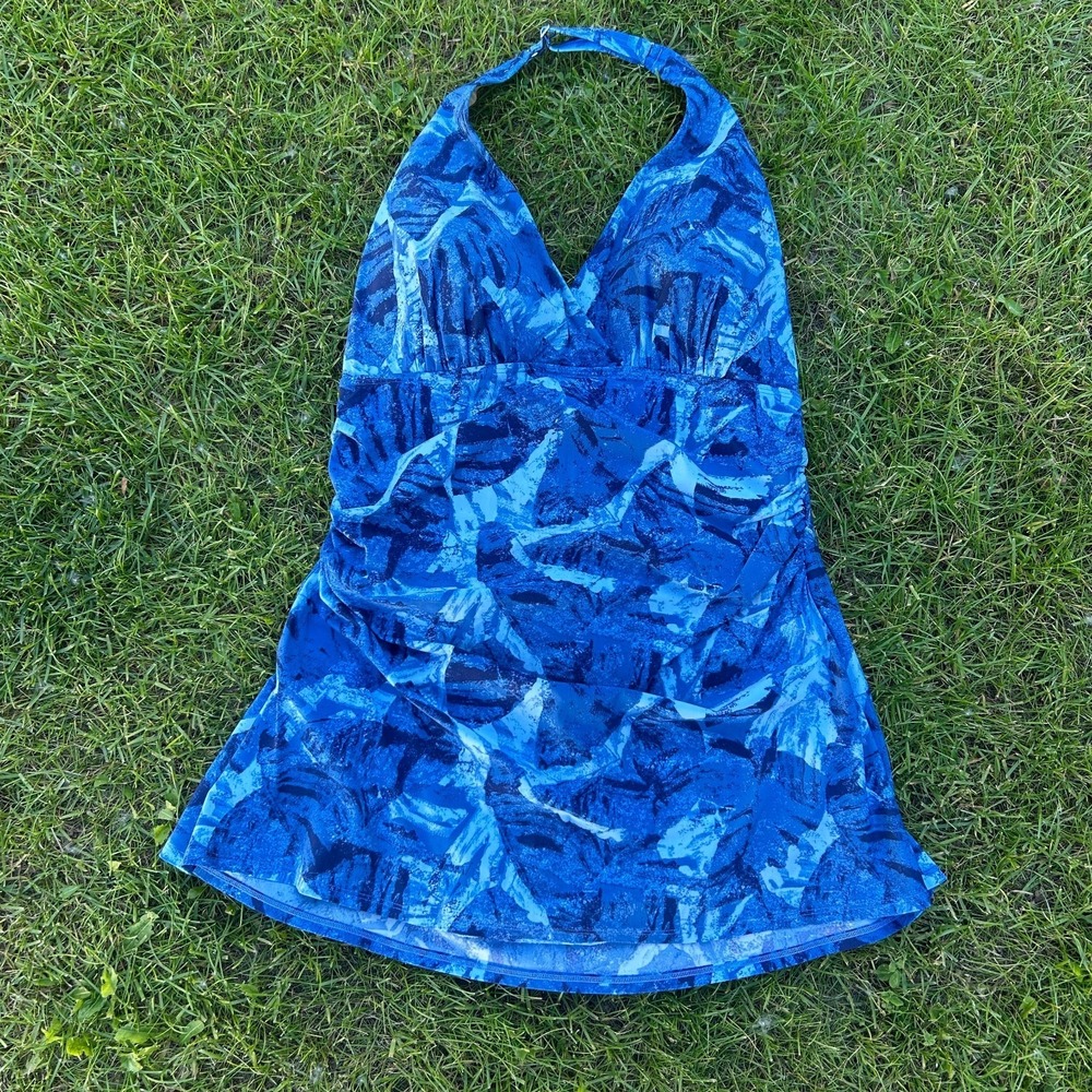 LL Bean Shaping Swimsuit Dress 18W Plus Blue Skirted UPF 50+ Halter 1X Tummy Con